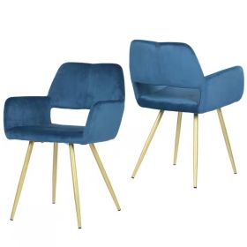 Modern Blue Velvet Upholstered Dining Chair with Gold Metal Legs, Set of 2