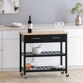 Modern Kitchen Island Cart with Wood Top 2 Drawers and 2 Bottom Shelves, Black