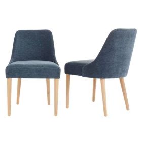 Blue Fabric Upholstered Dining Chair with Wood Legs, Set of 2