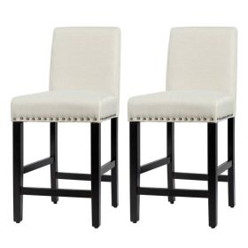 Modern Kitchen Dining Barstools w/ Black Wood Legs and Beige Linen Seat, Set of 2