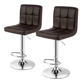 Modern Adjustable Height Barstools with Brown PU Leather Swivel Seat, Set of 2