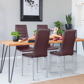 Modern High Back Brown PVC Leather Dining Chairs with Metal Legs, Set of 4