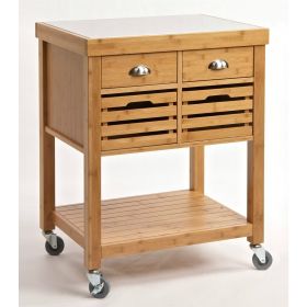 Kitchen Cart with Casters, Stainless Steel Top w Bamboo Wood