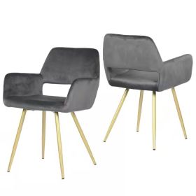 Modern Dark Grey Velvet Upholstered Dining Chair with Gold Metal Legs, Set of 2