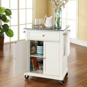 White Kitchen Cart w/ Granite Top/Locking Casters Wheels