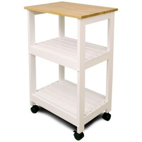 Kitchen Microwave Cart with Butcher Block Top & Locking Casters, White