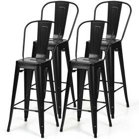 High Back Metal Industrial Bar Stools, Set of 4 Black 30" Height