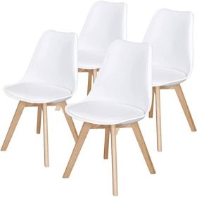 Modern White Shell Dining Chair Upholstered Padded Seat w/ Beechwood Legs, Set of 4