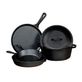 Cast Iron Cookware Set with Dutch Oven Griddle and Skillets, 5-Piece