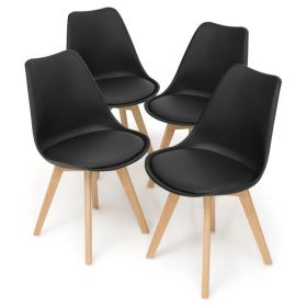 Modern Mid-Century Style Black PU Leather Dining Chairs with Wood Legs, Set of 4