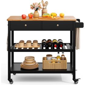Kitchen Island Cart with Wood Top 2 Shelves 2 Drawers and Locking Wheels, Black