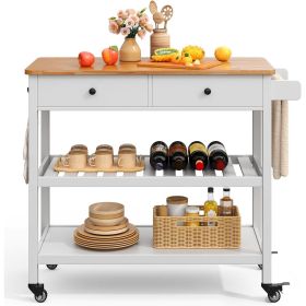 Kitchen Island Cart with 2 Drawers Wood Top and Locking Wheels, White