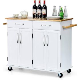 Kitchen Cart Island with Wood Top 2 Drawers and Bottom Storage Cabinet, White