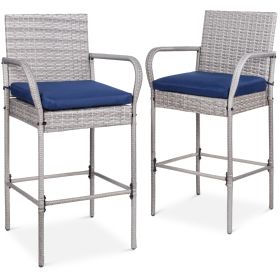 Indoor/Outdoor Wicker Bar Stools w/ Blue Cushions, Set of 2 Grey