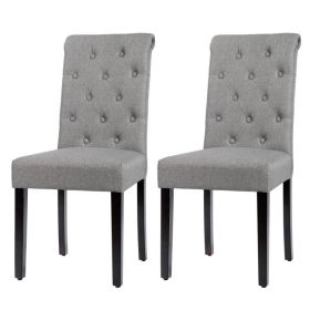 Grey Linen Button Tufted Dining Chair with Wood Legs, Set of 2