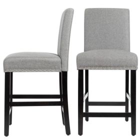 Modern Kitchen Dining Barstools w/ Black Wood Legs and Grey Linen Seat, Set of 2