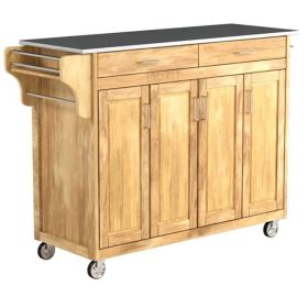 Wooden Kitchen Cart Island with Stainless Steel Top & Casters