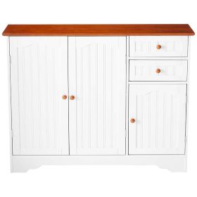 Wooden Sideboard Buffet Cabinet, White with Walnut Finish Top and Knobs
