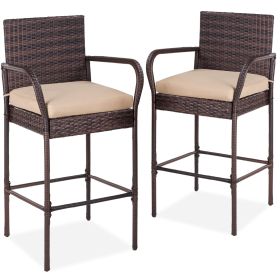 Brown Indoor/Outdoor Wicker Bar Stools w/ 2 Tan Cushions, Set of 2