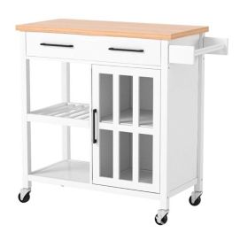 Kitchen Island Cart with Wood Top Storage Cabinet and Locking Casters, White