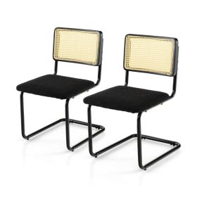 Modern Mid-Century Black Dining Chair with Beige Rattan Backrest, Set of 2