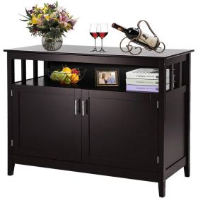 2-Door Dining Buffet Sideboard Cabinet with Open Storage Shelf, Dark Brown Wood