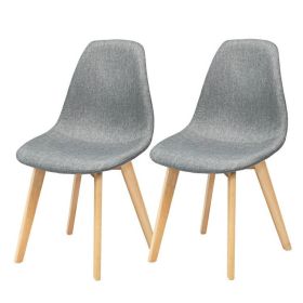 Mid-Century Modern Gray Linen Upholstered Dining Chair w Wood Legs, Set of 2
