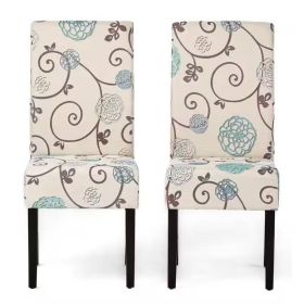 Beige Cream Teal Blue Floral Fabric Dining Chair with Wood Legs, Set of 2