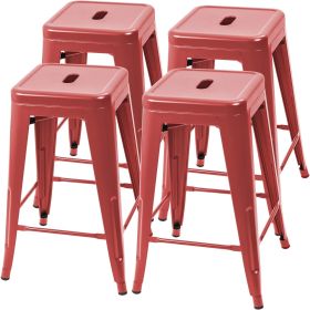 24" Indoor/Outdoor Backless Stacking Red Metal Barstools, Set of 4