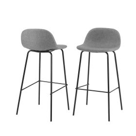 Modern Low Back Barstool with Black Metal Frame and Grey Linen Seat, Set of 2