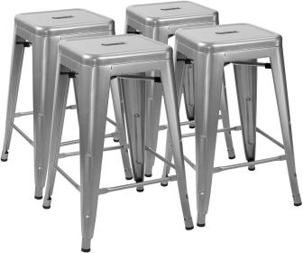 24" Indoor/Outdoor Backless Stacking Silver Metal Barstools, Set of 4