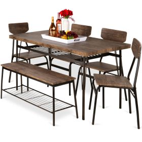 Modern Dining Set with Brown Wood Top Table 4 Chairs and Storage Bench, 6-Piece