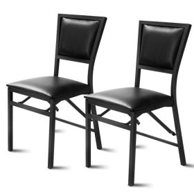 Modern Black Metal Folding Dining Chairs with PU Leather Seat Cushion, Set of 2
