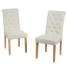 Beige Linen Button Tufted Dining Chair with Wood Legs, Set of 2