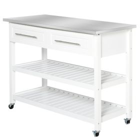 Rolling Kitchen Island w/ 2 Drawers Storage/Stainless Steel Top/White