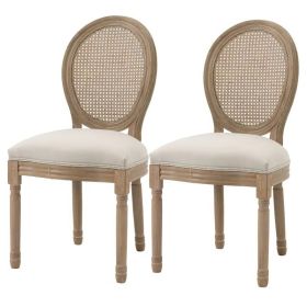 Vintage Upholstered Armless Rattan Back Dining Chairs Beige White, Set of 2