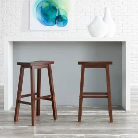 Farmhouse Bar Height Saddle Seat Barstools in Brown Walnut Wood Finish, Set of 2