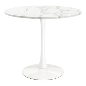 35" Round Pedestal Dining Table Marble Top with White Base