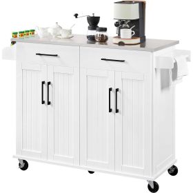 Kitchen Cart Island with Stainless Steel Top 2 Drawers and Cabinet, White