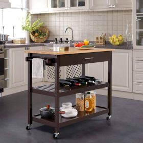 Kitchen Island Cart w/ Wood Top 2-Shelves Drawer and Locking Wheels, Dark Brown