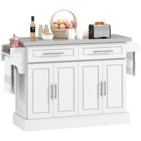 Portable Kitchen Cart, White, Rolling Island with Stainless Steel Top, Towel & Spice Rack