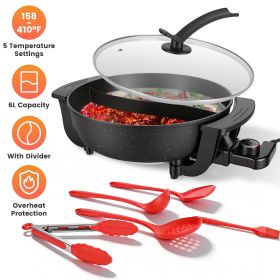 6L Electric Hot Pot with Divider 1100W Dual-Flavor Pot Shabu Shabu Pot Non-Stick with 5-Temp Control for Shabu Fondue