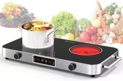 Electric Cooktop 2 Burner Countertop Electric Stove Top Knob Control 2200W 120V