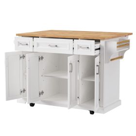 K&K 54inch Large Kitchen Island with Rubber Wood Drop Leaf, Embossed Texture Rolling Kitchen Cart on 4 Wheels with 4 Doors and 3 Drawers